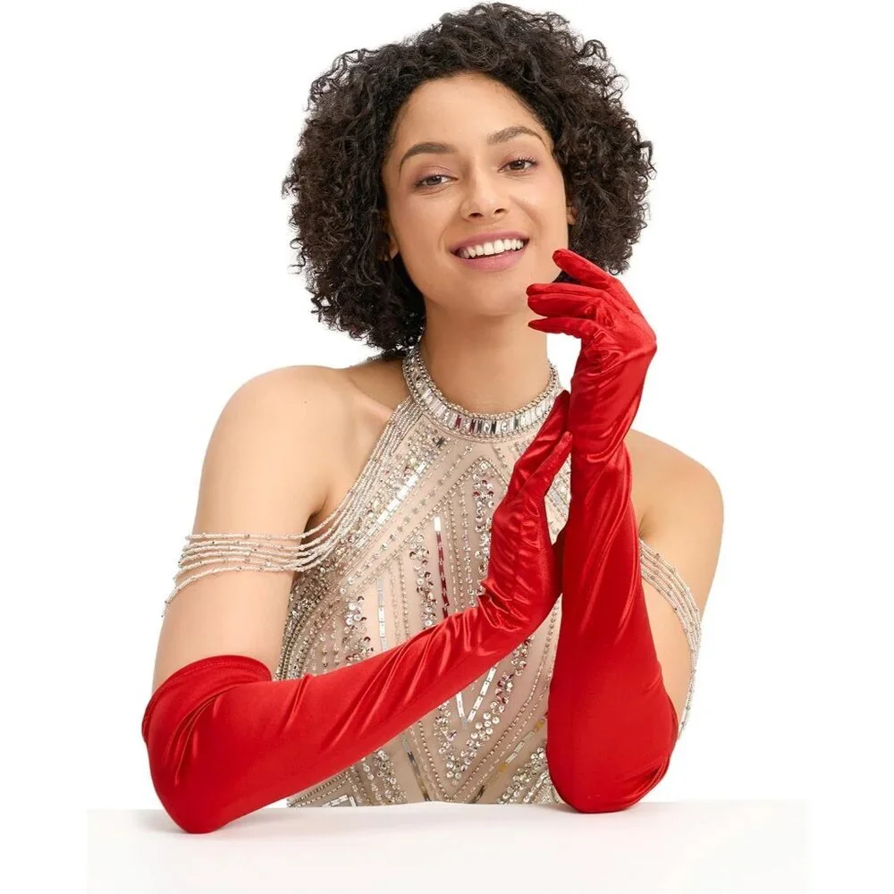Women's Evening Red Long Satin Gloves Elbow Length Formal Party Prom Wear
